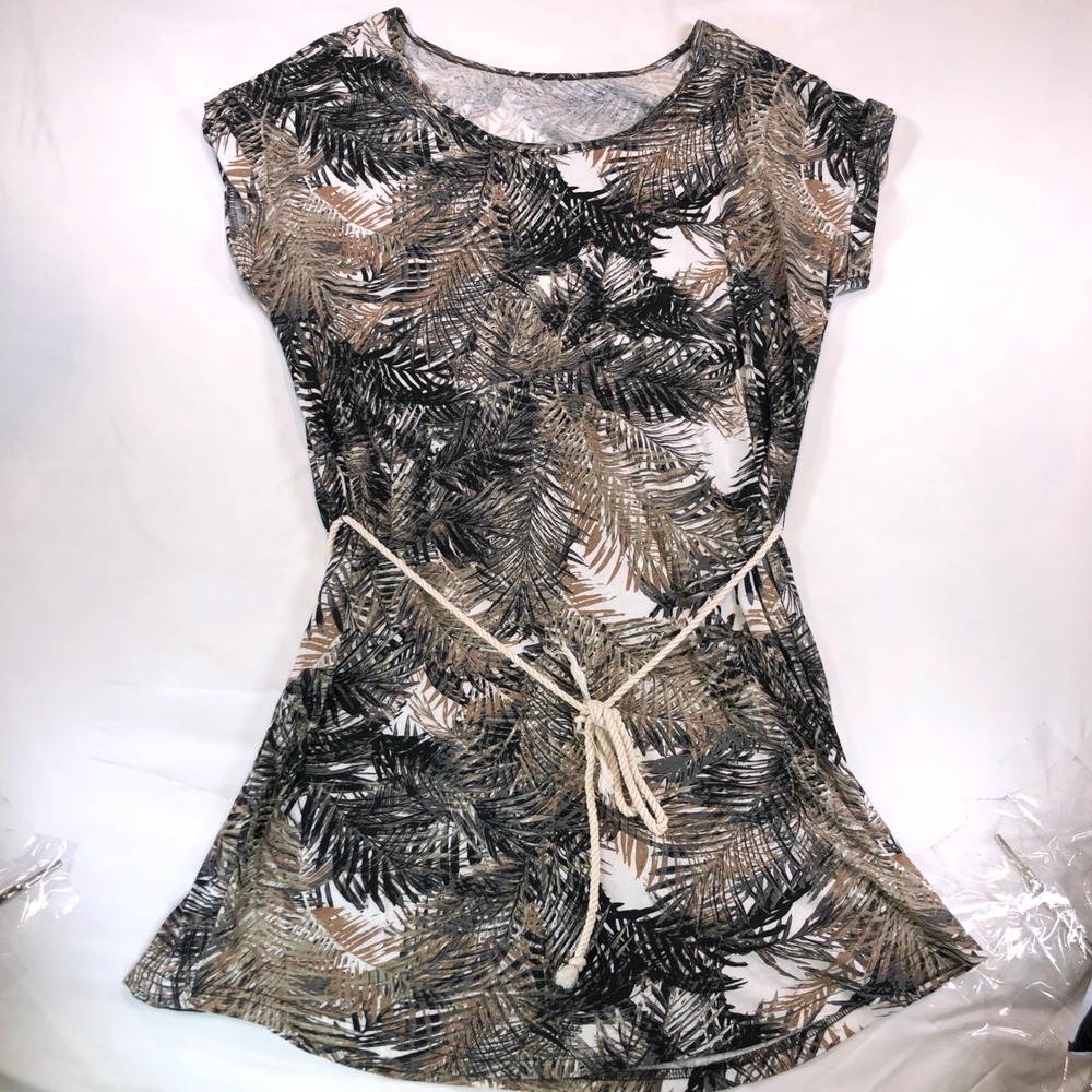 Tropical Palm Leaf Print Cotton Rope Belt Dress Neutral Earth Tones RN 15099